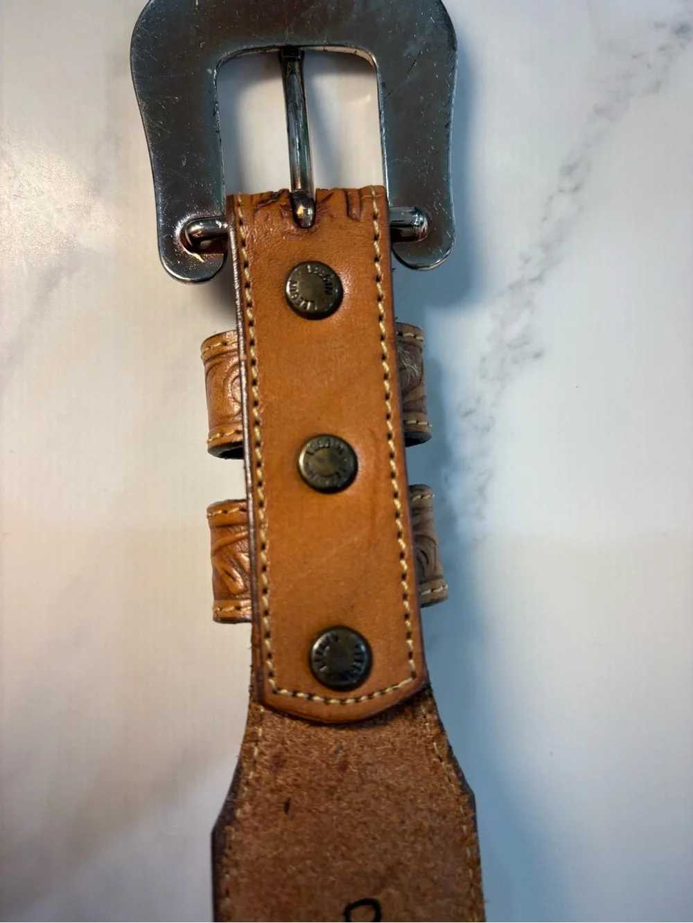 Vintage Eagle Leatherworks Tooled Floral Belt Brown 38 Made USA Leather Western